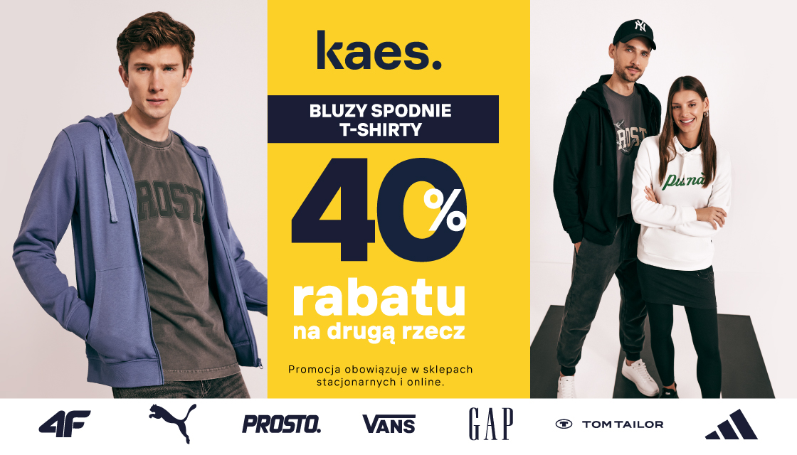 Wielka promocja w kaes. Zgarnij 40% na drugą rzecz z kategorii: bluzy, spodnie i T-shirty!