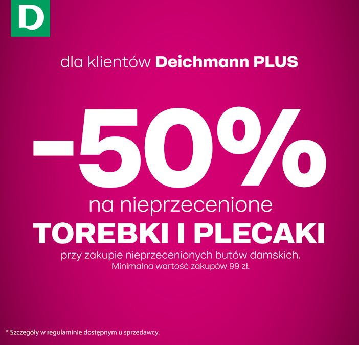 – 50% na nieprzecenione torebki i plecaki dla klientów Deichmann PLUS!