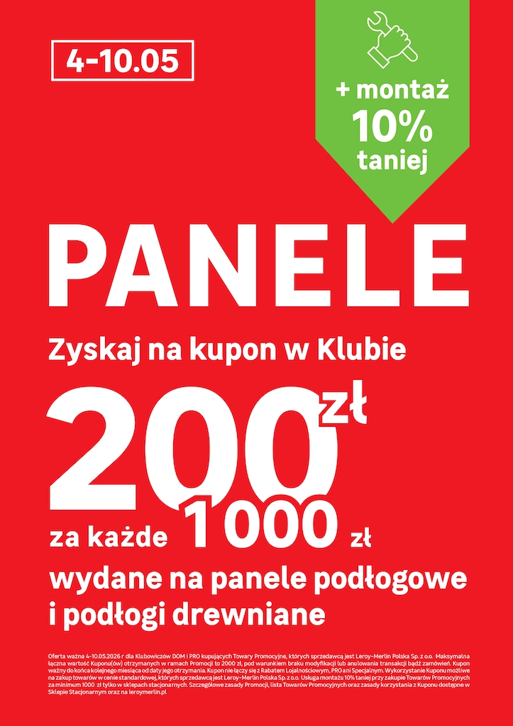 Kupon o wartości 200 zł za każde wydane 1000 zł na panele w Klubie Leroy Merlin!