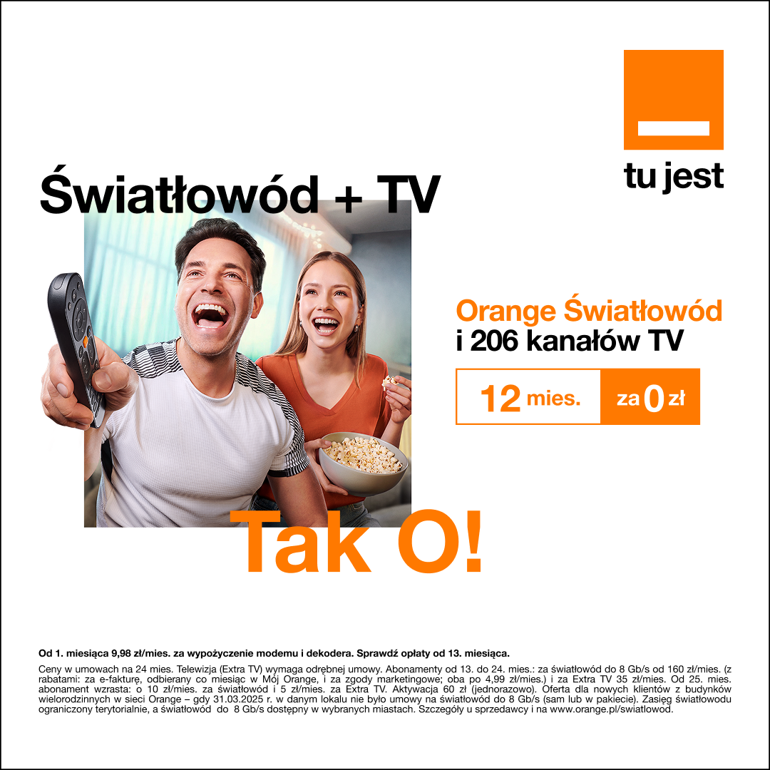 Orange Światłowód i 206 kanałów TV 12mies. za 0zł!