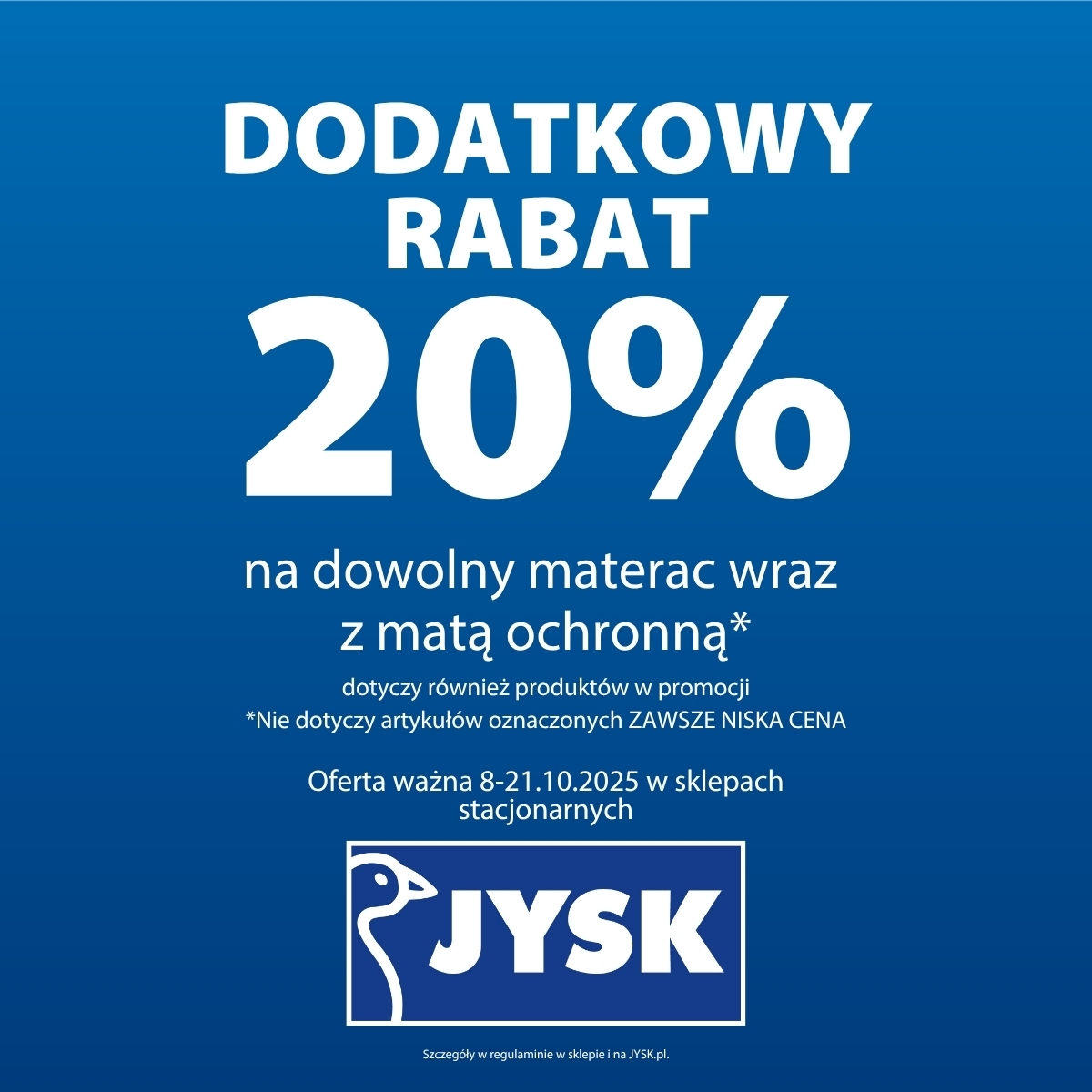 Dodatkowy rabat 20% na dowolny materac wraz z matą ochronną w JYSK!